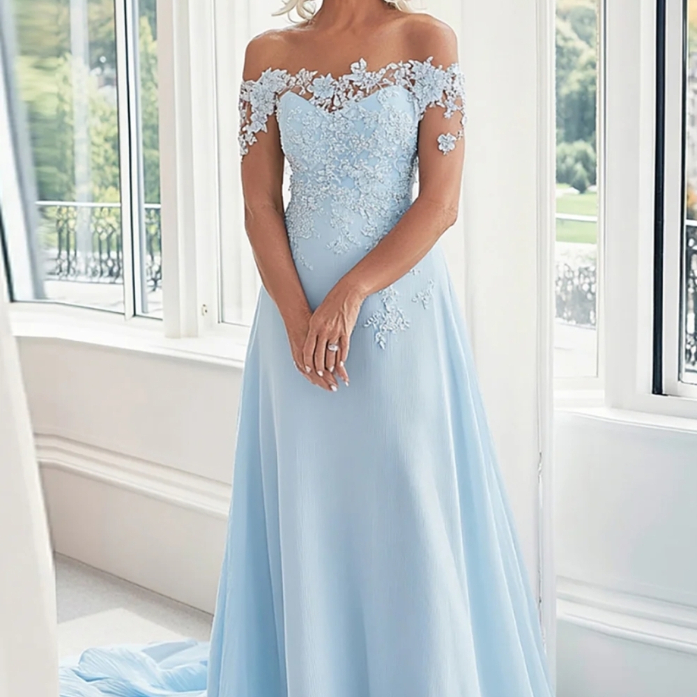 Elegant Light Blue Off-Shoulder Lace Dress